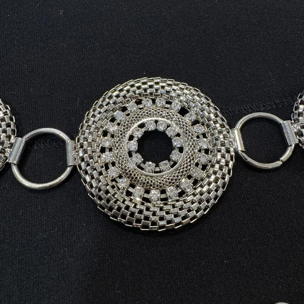 Silver Tone Rhinestone Concho Medallion Belly Body Chain Belt 45”